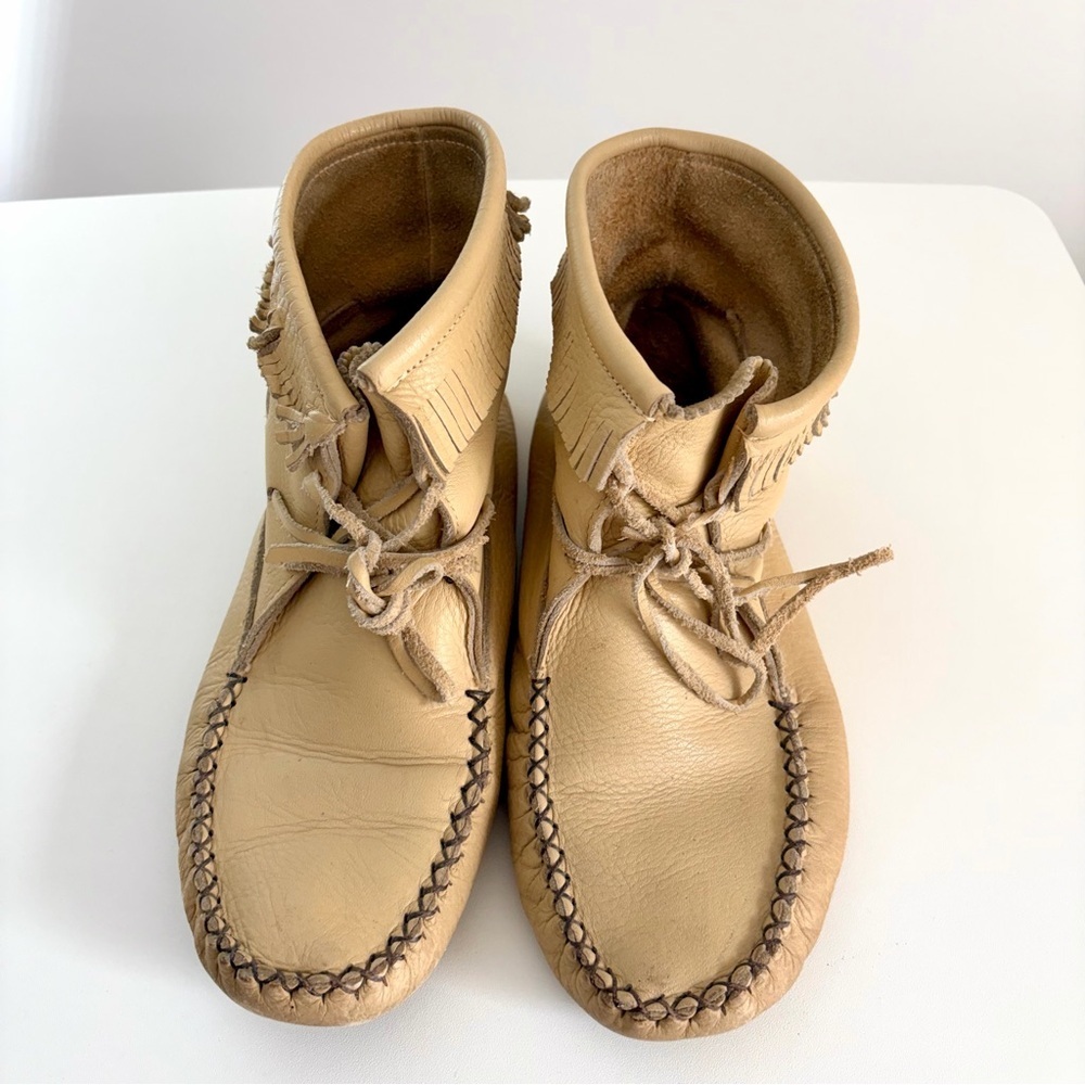 Vintage Handmade Leather Moccasin Boots - Fringe Trim - Size 8.5-9”
